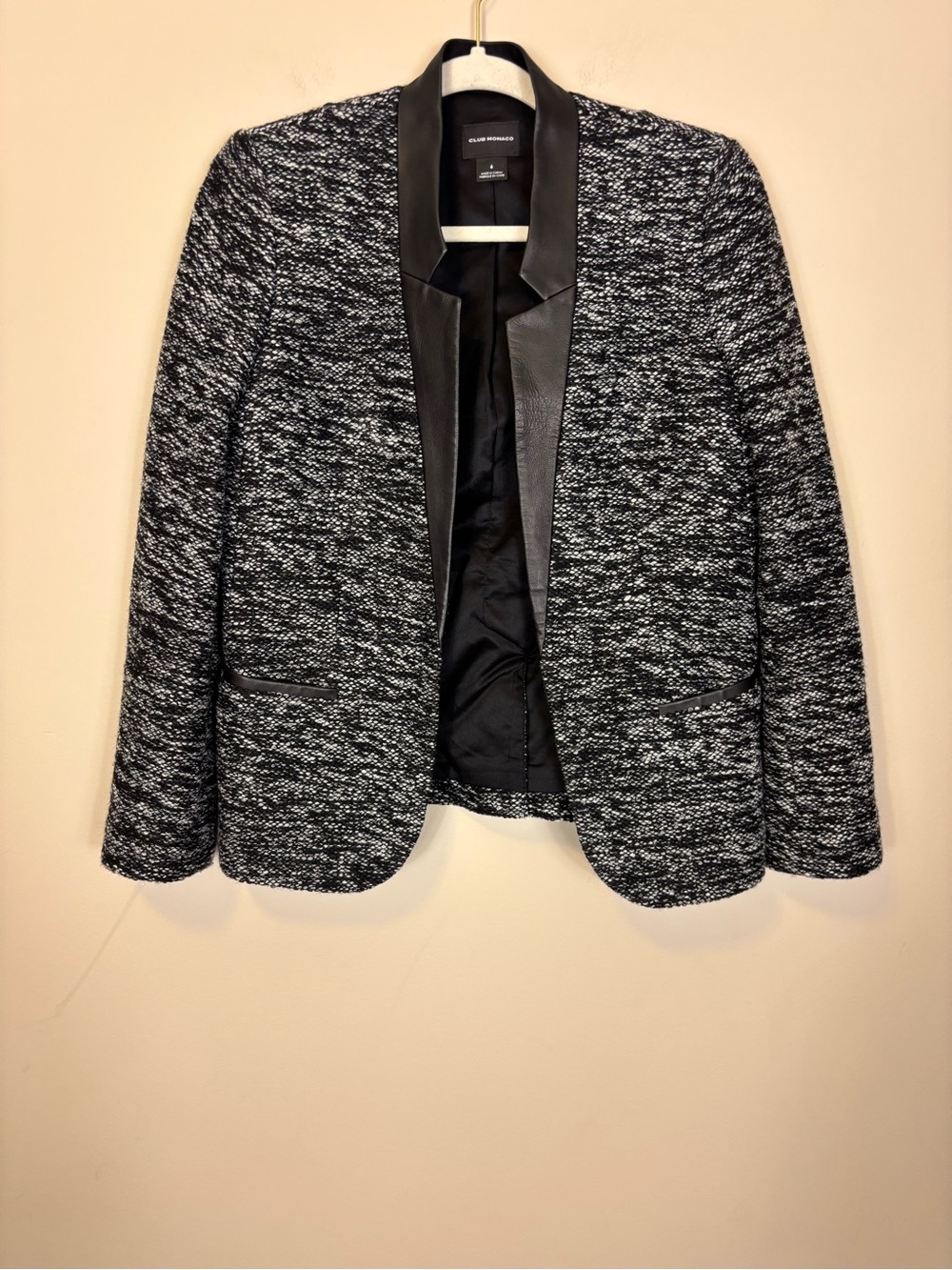 Club Monaco Black Leather-Trim Black & White Tweed Wool Blazer Jacket Women’s 6